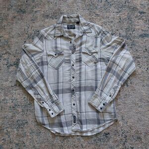 Fox Racing White & Gray Plaid Western Style Flannel Shirt Men's Size Large